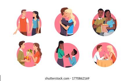 Couple dating set. Men & women holding hands, embracing, watching movie, giving gift, having dinner together. Proposing with ring. Love relationship, romance, Valentines Day. Flat vector illustration
