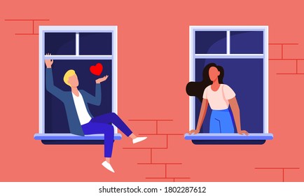 Couple dating through windows. Facade view, neighbor man and woman staying at home and talking flat vector illustration. Romance, quarantine concept for banner, website design or landing web page