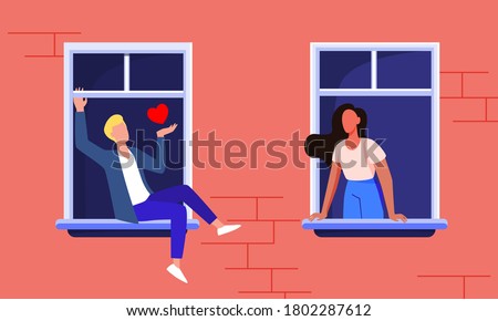 Couple dating through windows. Facade view, neighbor man and woman staying at home and talking flat vector illustration. Romance, quarantine concept for banner, website design or landing web page
