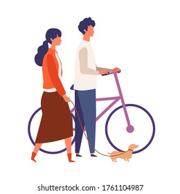 A couple dating, walking at autumn. Man and woman have a relaxing day off. Flat cartoon colorful vector illustration.