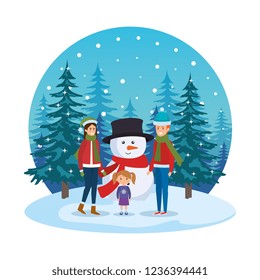 couple with daughter and snowman in snowscape