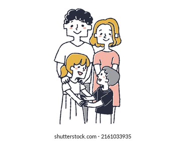 A couple with a daughter who adopted a boy, a comical handwritten person vector, a warm line drawing