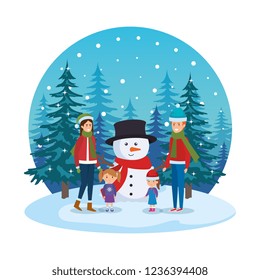 couple with daughters and snowman in snowscape