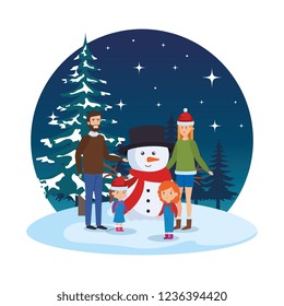 couple with daughters and snowman in snowscape