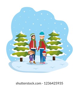 couple with daughters with winter clothes in snowscape