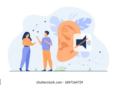 Couple Of Deaf People Talking With Hand Gestures, Huge Ear And Mute Sign In Background. Vector Illustration For Hearing Loss, Communication, Sign Language Concept