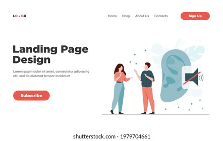Couple of deaf people talking with hand gestures, huge ear and mute sign in background. Vector illustration for hearing loss, communication, sign language concept
