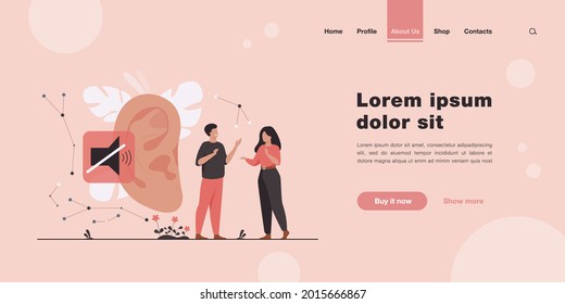 Couple of deaf people talking with hand gestures, huge ear and mute sign in background. Vector illustration for hearing loss, communication, sign language concept