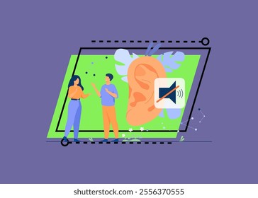 Couple of deaf people talking with hand gestures, huge ear and mute sign in background. Vector illustration for hearing loss, communication, sign language concept