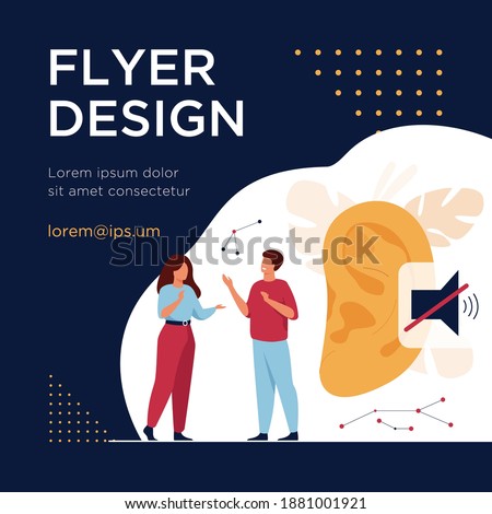 Couple of deaf people talking with hand gestures, huge ear and mute sign in background. Vector illustration for hearing loss, communication, sign language concept
