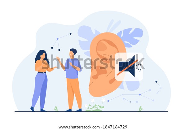 Couple of deaf people talking with\
hand gestures, huge ear and mute sign in background. Vector\
illustration for hearing loss, communication, sign language\
concept