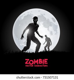 A couple of decaying flesh eating zombies silhouetted against the rising moon. Vector illustration