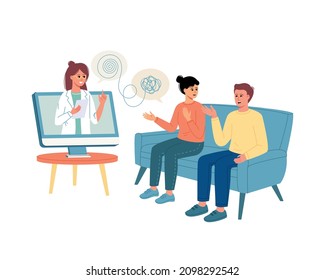 Couple decides mental problems on private online counseling. Online counseling. Patients at psychological consultation.  Male and female psychology. Psychotherapy. Psychological help. Modern flat 