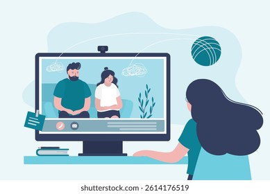 Couple decides mental problems on private online counseling. Online counseling. Patients at psychological consultation. Male and female psychology. Psychotherapy. Doctor at workplace. flat vector
