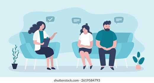 Couple decides mental problems on private counseling. Patients at psychological consultation. Male and female psychology, conflict between lovers. Psychotherapy. Room interior. vector illustration
