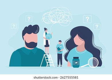 Casal decide problemas mentais com aconselhamento privado. Pacientes em consulta psicológica. Psicologia masculina e feminina, conflito entre amantes. Psicoterapia, médicos ajudam a família. vetor plano