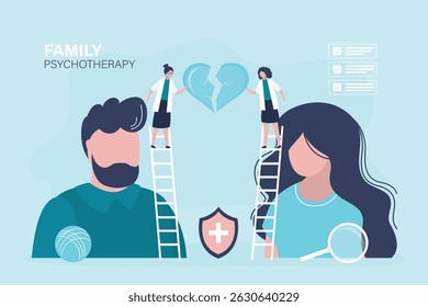 Couple decides mental problems on private counseling. Patients at psychological consultation. Male and female psychology, conflict between lovers. Psychotherapy, doctors help family. flat vector