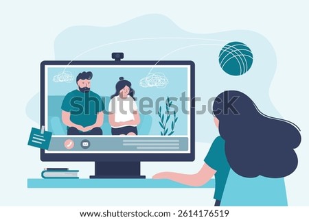 Couple decides mental problems on private online counseling. Online counseling. Patients at psychological consultation. Male and female psychology. Psychotherapy. Doctor at workplace. flat vector