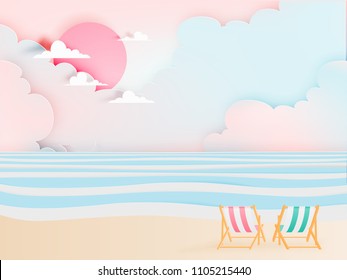 Couple deck chairs on the beach with ocean background for summer in paper art style vector illustration