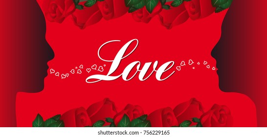 A couple declares their love.
An illustration on a red background of two black silhouettes of a man and a woman say "I love you". In decoration a bouquet of red roses.