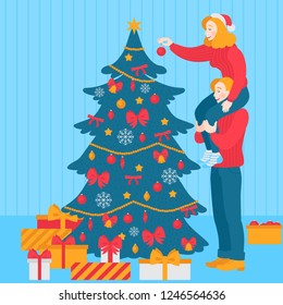  couple decorate together. Traditional holiday celebration party. Boyfriend and girlfriend. Woman and man character with gifts. New year vector greeting card