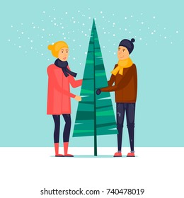 Couple decorates a Christmas tree. Character. Merry christmas and a happy new year. Flat design vector illustration.