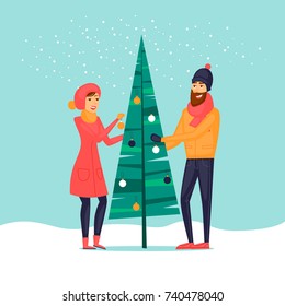 Couple decorates a Christmas tree. Character. Merry christmas and a happy new year. Flat design vector illustration.