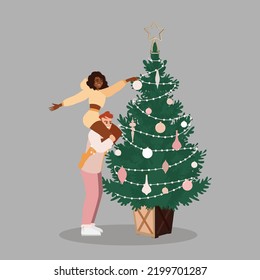 Couple decorating christmas pine tree with ornaments and garlands. Preparation for winter holidays. Flat vector illustrations