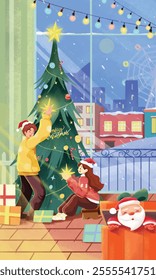 Couple decorating Christmas tree beautiful poster