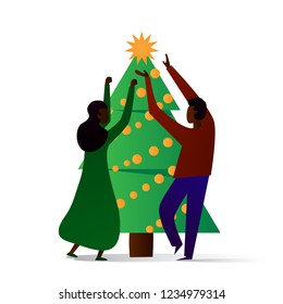 Couple decorating Christmas tree. Cute cartoon vector. 