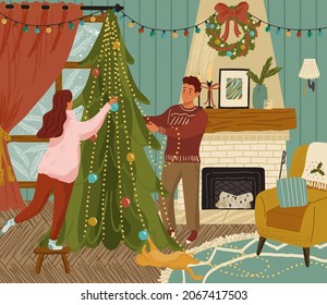 Couple decorating christmas tree with ornaments and garlands. Happy family preparing for 2022 new year holiday celebration. Colorful vector illustration in hand drawn style style