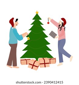 A couple decorating the Christmas tree and their gifts, the couple wear santa claus hats