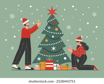 Couple decorating Christmas tree together. Man and woman preparing for Xmas and New Year. Happy family hanging glass balls and wrapping gift boxes. Christmas and winter holiday preparation concept.