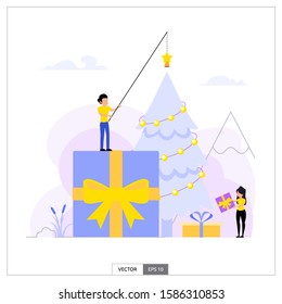 The couple is decorating Christmas, women carry gifts and men put stars on the top of the Christmas tree. Vector illustration flat design style.