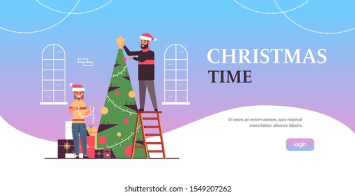 couple decorating christmass tree merry xmas happy new year holiday celebration concept man woman wearing santa hats flat full length horizontal copy space vector illustration