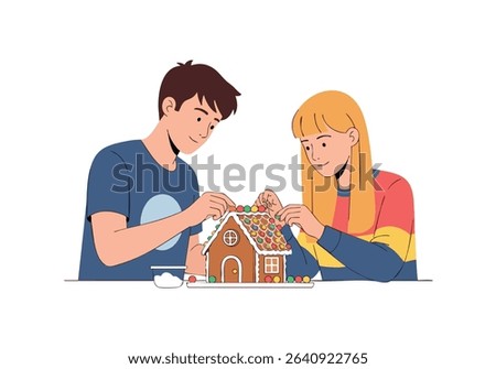 Couple decorating gingerbread house holiday fun