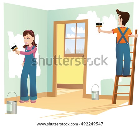 Couple decorating house.