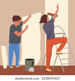 Couple decorating a house with wallpaper, interior renovation. Flat vector illustration hand drawn.