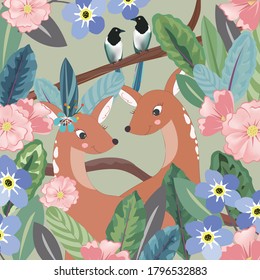 A couple deer and bird in botanical tropical forest,illustration vector doodle comic art.