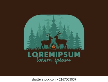 Couple deer and bonfire illustration design
