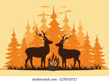 Couple deer and bonfire illustration design