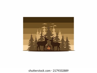 Couple deer and bonfire illustration design