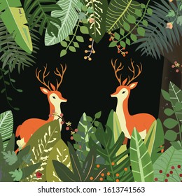 A couple deer in botanical tropical forest,illustration vector comic art.