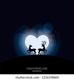 A couple of deer on the hill looking at the full moon in a heart shape on night sky with stars and cloud. Valentine's day concept for background, advertising and promotion. Vector illustration.