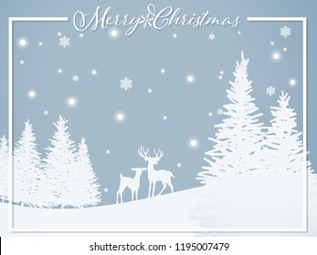 Couple of deer on snow hill near the pine trees under snowfall with Merry Christmas text frame on blue background. Design for Xmas and winter holidays season in paper art style. Vector illustration.