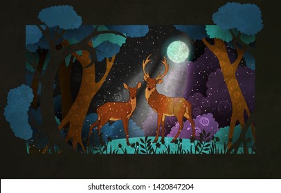 Couple of deers in front of night forest. Fairy tale illustration or poster design.