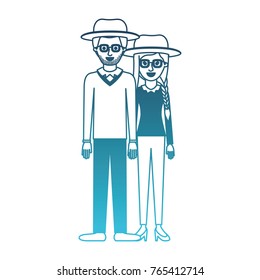 couple in degraded blue silhouette and both with hat and glasses and pants and him with stubble beard and sweater and shoes and her with blouse long sleeve and heel shoes and braid and fringe hair