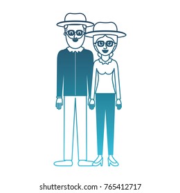 couple in degraded blue silhouette and both with hat and glasses and him with beard and shirt and pants and shoes and her with blouse long sleeve and pants and heel shoes with collected hair