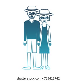 couple in degraded blue silhouette and both with hat and glasses and him with stubble beard and sweater and short pants and shoes and her with jacket and dress and heel shoes with short hair