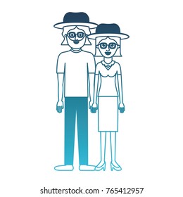 couple in degraded blue silhouette and both with hat and glasses and him with beard and t-shirt and pants and shoes and her with blouse and skirt and heel shoes and short straight hair